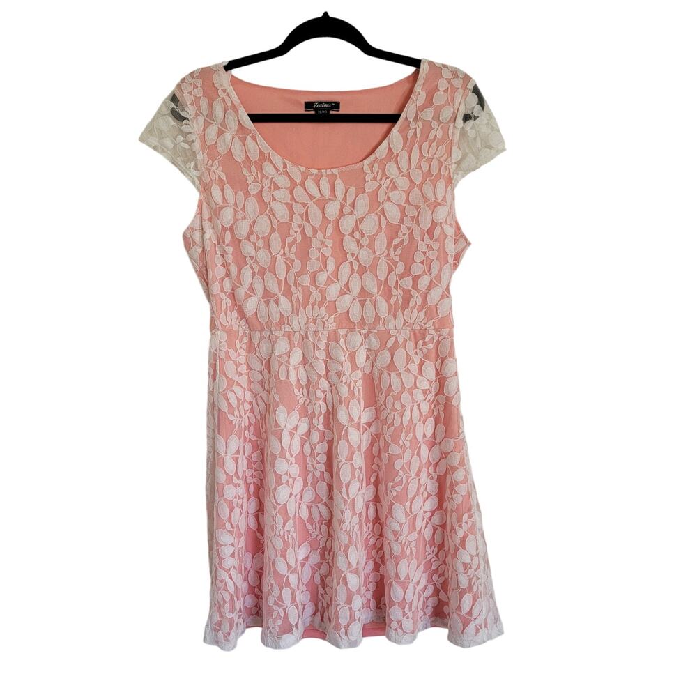 Zealous Womens Dress Lace over lay  Pink Ivory Size‎ XL Short Skater Style